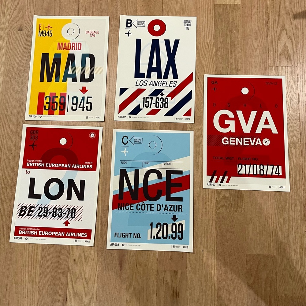 Set of 5 artwork flight tag vintage-style art prints